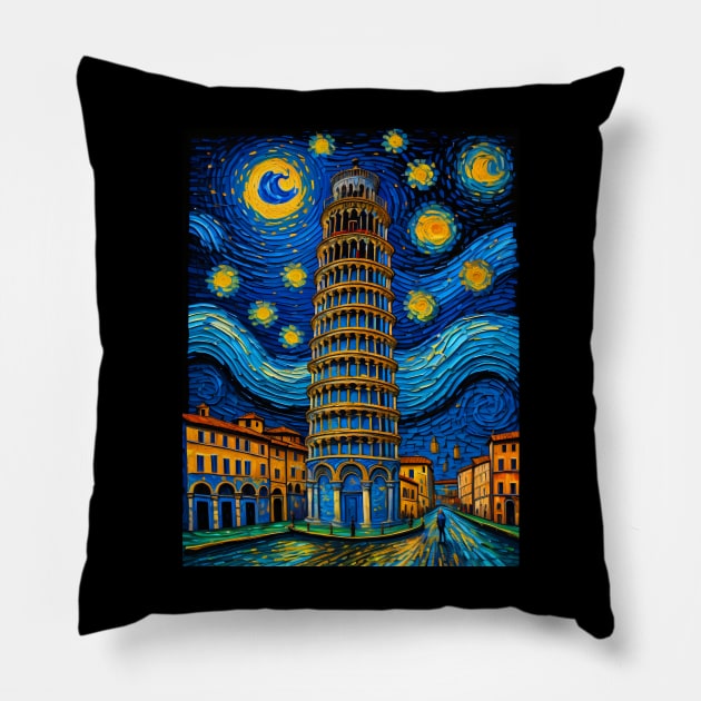 Pisa Tower in Starry Night Pillow by FUN GOGH