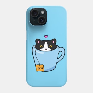 Sweet tuxedo cat sitting in a blue cup of tea Phone Case