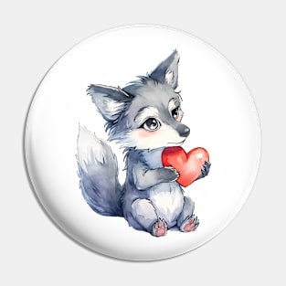 Valentine Wolf Holding Heart Pin