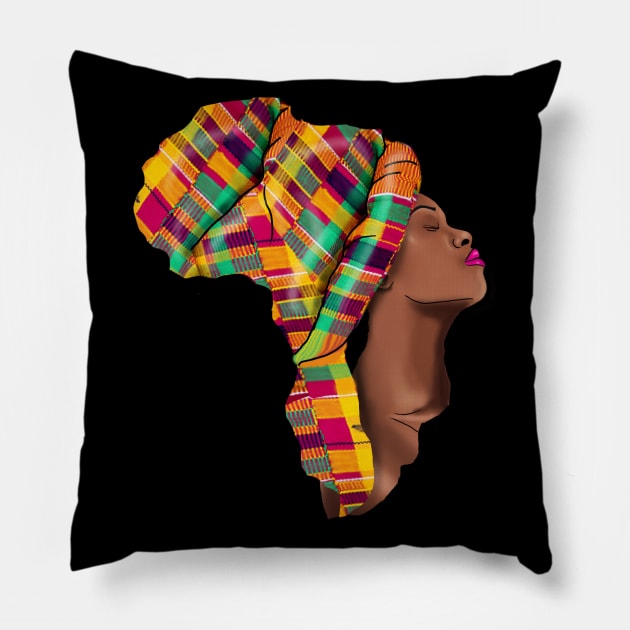 Melanin African Heritage Woman Kente Pattern Shape Of Map Of Africa Pillow by Merchweaver