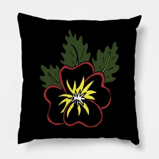 Moody two toned black and red pansy illustration with contrasting white and yellow centre surrounded by green leaves, great gift for a flower lover! Pillow