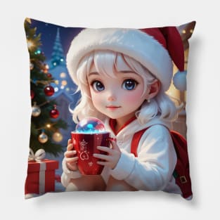 Charming Little Girl in Christmas Attire Pillow