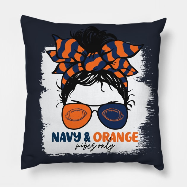 Navy and Orange Vibes Only Football Mom Messy Hair Gameday Pillow by SLAG_Creative