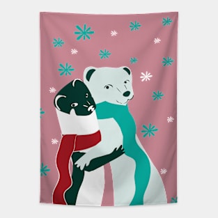 Weasel hugs Christmas in pink Tapestry