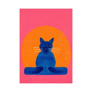 Yoga Cat Blue Pink Retro Poster Vintage Art Yoga Wall Blue Pink Illustration T-Shirt