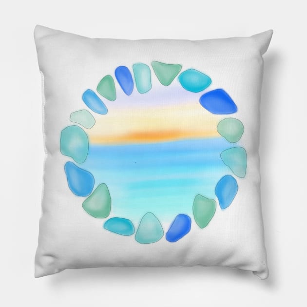 Sea glass and Sunset Ocean Beach Glass Art Logo Pillow by Marinaaa010