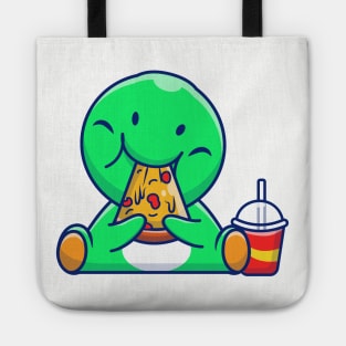 Cute Dinosaur Eating Pizza Cartoon Tote