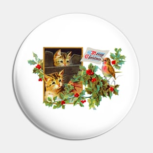 Merry Christmas Cats Vintage Retro CottageCore With Bird Pin