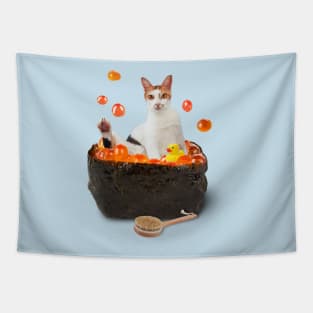 Cat Bathing in Luxurious Salmon Caviar | Sushi Cat Tapestry