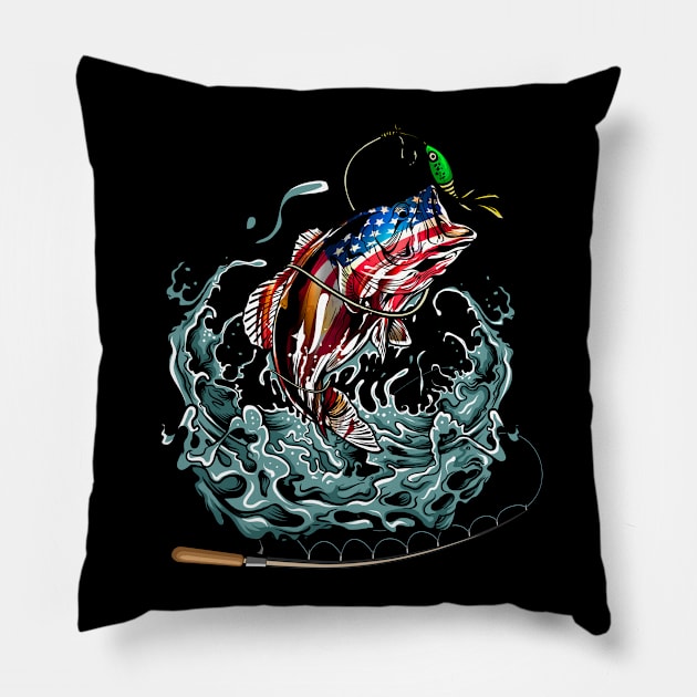 Bass Fishing Shirts for Women Men Fish Angler Dad Father Gift American Flag Fisherman Gift Pillow by paynegabriel