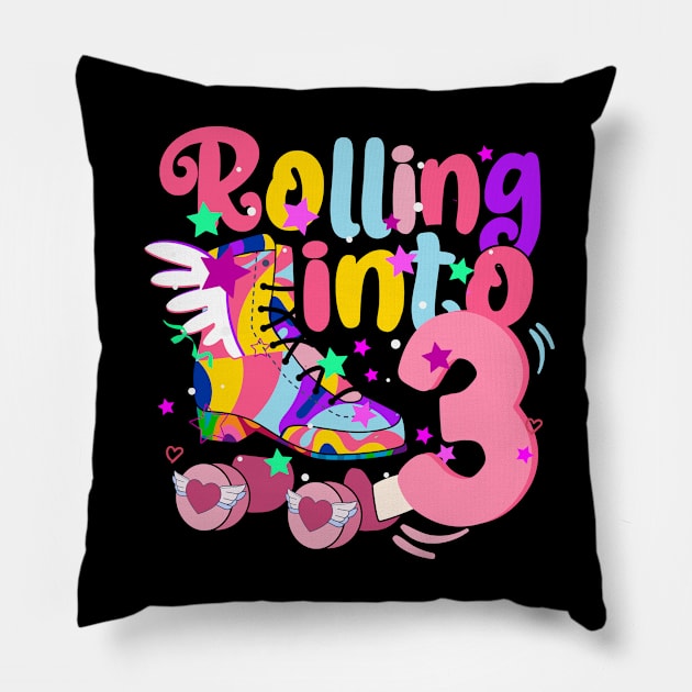 rolling into 3 - 3rd birthday girl roller skates theme party Pillow by savage land 