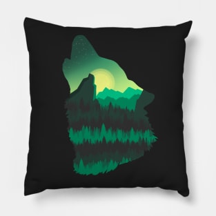 Nature landscape on a Wolf silhouette Pillow