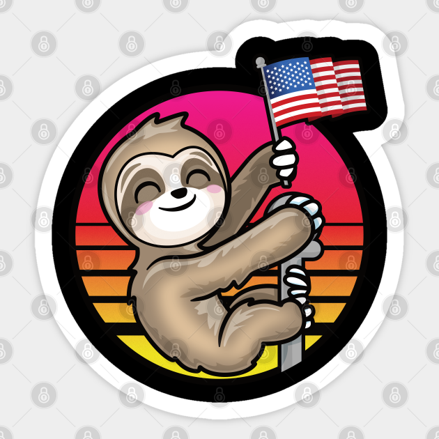 Kawaii Patriotic Sloth Holding Usa Flag Retro Sun Sloth 4th Of July Women Kid Patriotic Sticker Teepublic