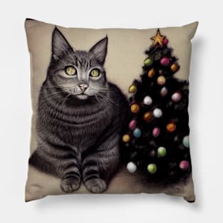 Funny Cat near Christmas Tree Pillow