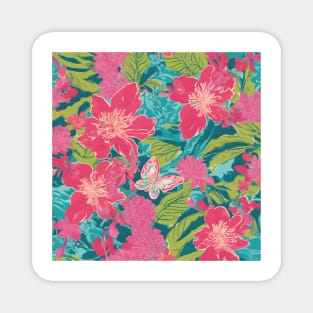 Flowers and butterflies on teal background Magnet