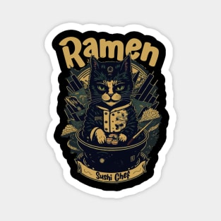 Retro Japanese-Inspired Feline Culinary Cat as Ramen Sushi Chef Magnet