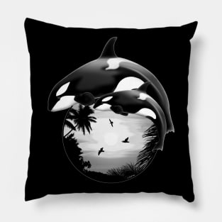 Orcas on Tropical Sunset Pillow