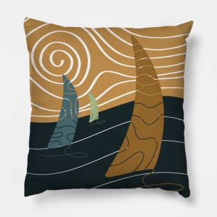 Abstract landscape of a wavy ocean and the yacht sailors Pillow