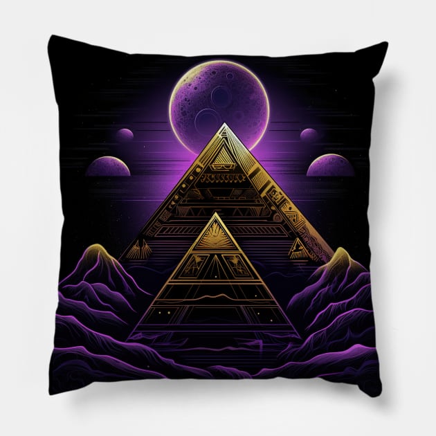 Golden Pyramids Under Purple Moons Pillow by TooplesArt