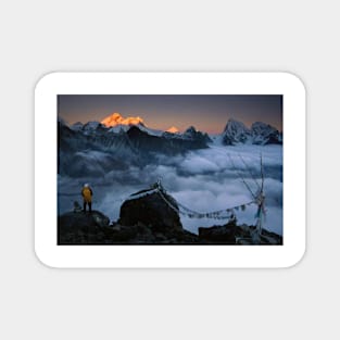 Mountaineer Enjoying The View Of Mt Everest And The Himalayan Mountains At Sunset From Gokyo Ri Magnet