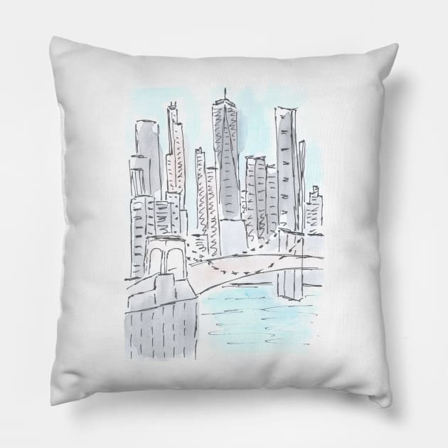 New York. Exterior. Architecture. Tourist place. Watercolor, art decoration, sketch. Illustration hand drawn modern Pillow by grafinya