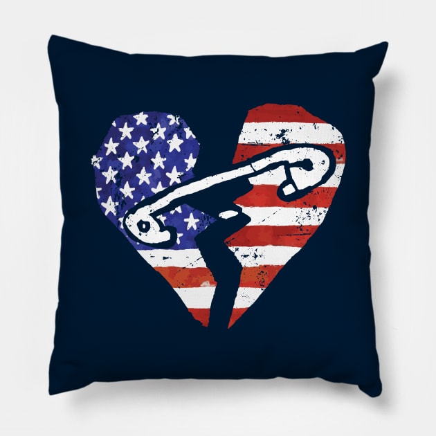 Divided America - Broken Heart Flag Safety Pin Vintage Style Pillow by Kushteez