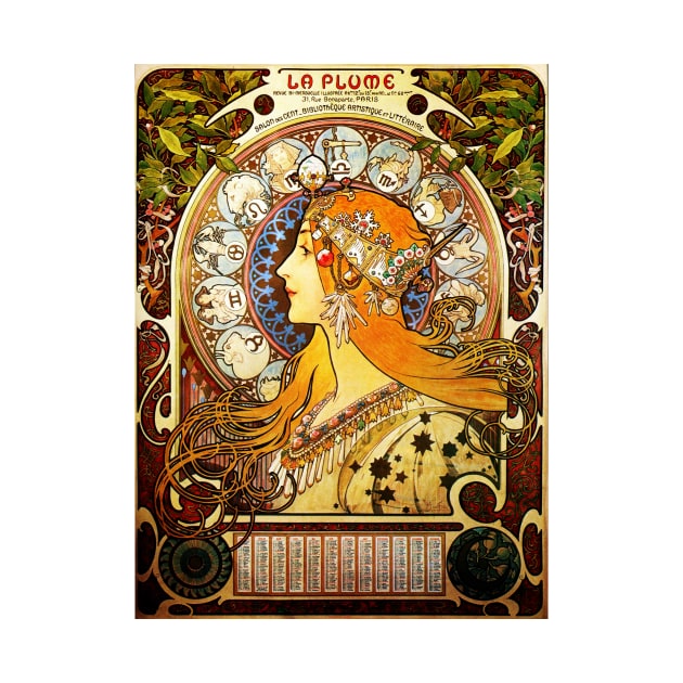 La Plume Zodiac Calendar Alphonse Mucha Art Nouveau Vintage by vintageposters