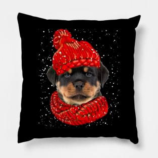 Rottweiler Wearing Red Hat And Scarf In Snow Christmas Pillow