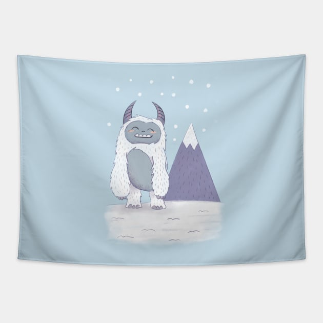 Happy Yeti with Blue Skies Tapestry by latheandquill