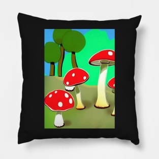 CARTOON MUSHROOMS IN A GREEN FOREST Pillow