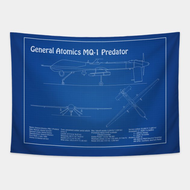 General Atomics MQ-1 Predator - Airplane Blueprint Plans - AD Tapestry by SPJE Illustration Photography