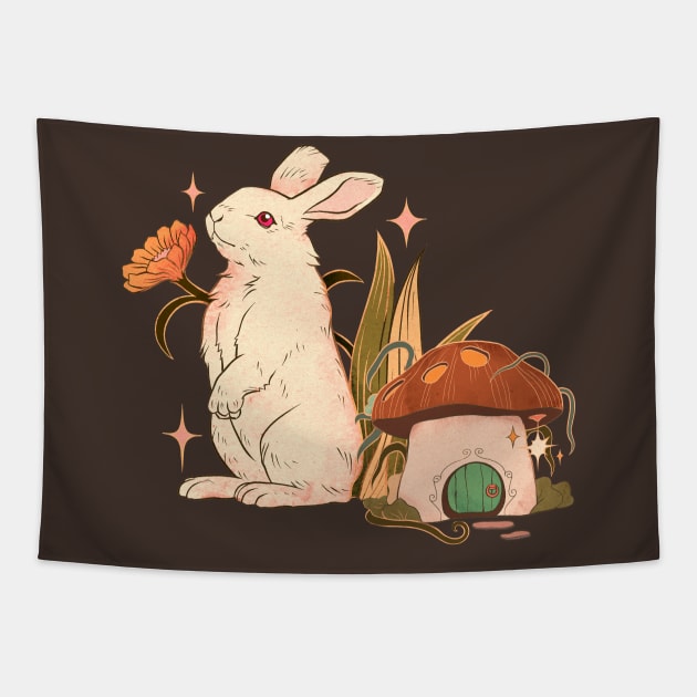 Cottagecore Rabbit with Fairy Mushroom House Vintage Art Tapestry by ichewsyou