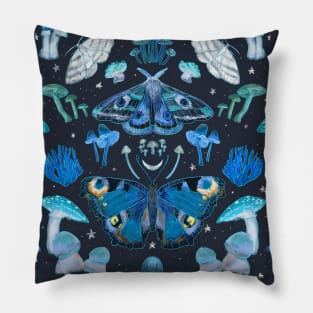 Glowing Moth and Mushroom Magic Pattern Pillow