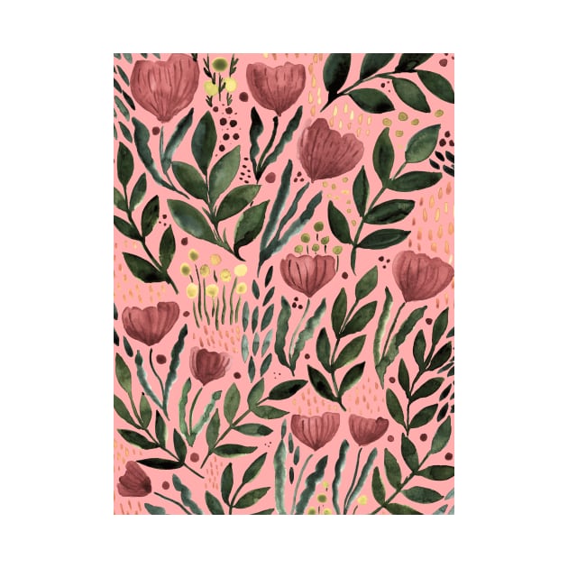 Watercolor flower garden - dusty pink and olive on pink background by wackapacka