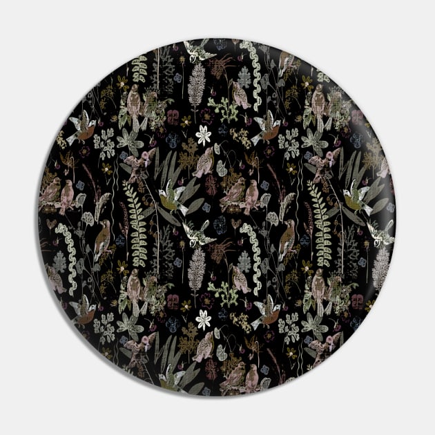 Dark Floral Bird Garden Tapestry Pin by My Petal Press