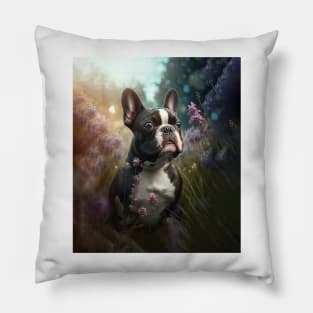 Pied French Bulldog in a Flower Garden Pillow