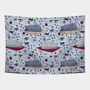 Sleepy Cat Dreams Pattern, Grey Tapestry