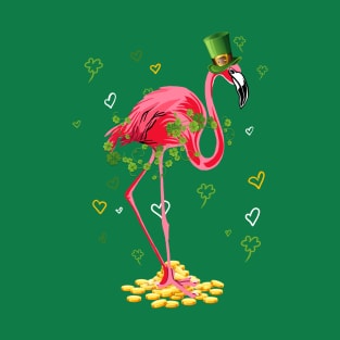 Clover Flamingo & Hearts St. Patricks Day Irish Proud Girls T-Shirt