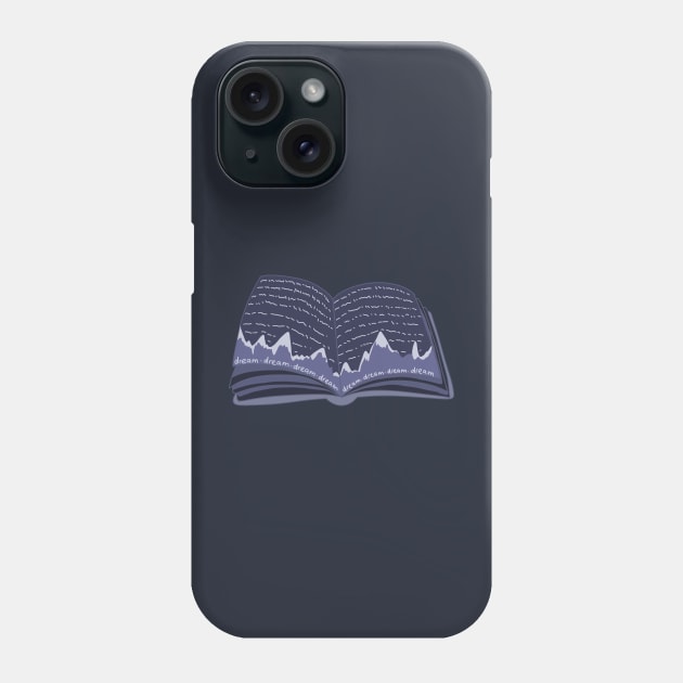 Dark blue, magic dreamer book with snowy mountains and the night sky with stars (for readers) Phone Case by loulou-artifex