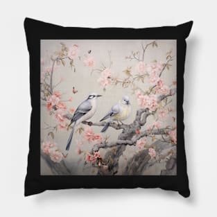 Grey and pink chinoiserie painting with birds and flowers Pillow