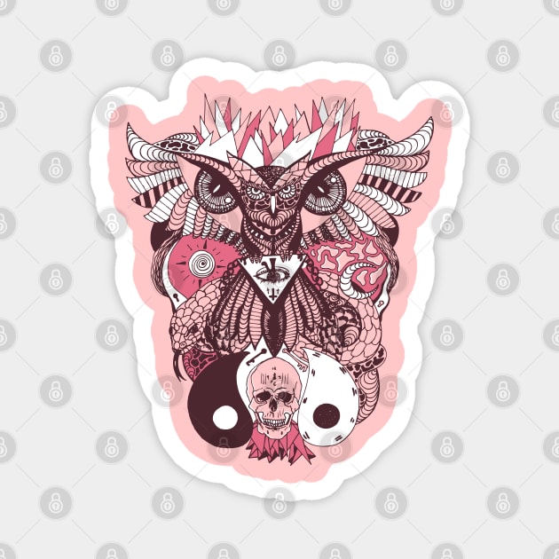 Pink and White Owl And Ageless Skull Magnet by kenallouis