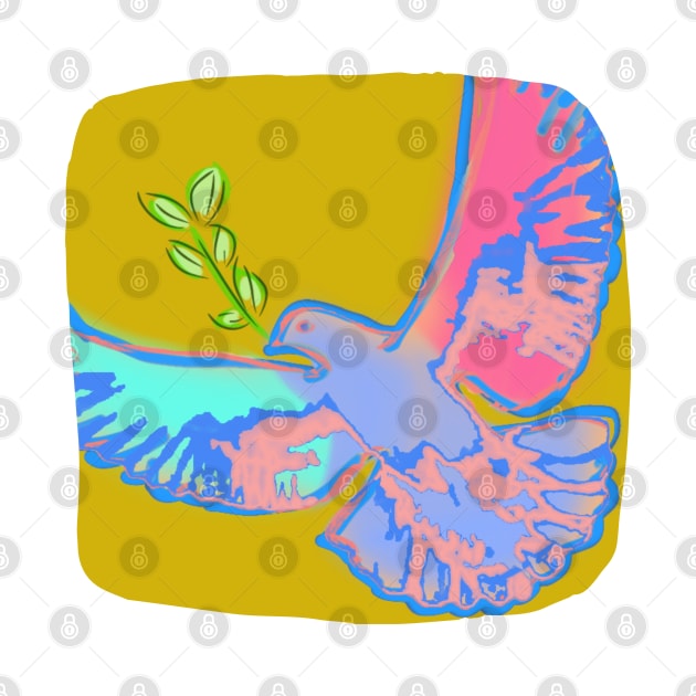 Pop art peace dove in teal and pink pastel colors on ochre yellow background by Bailamor