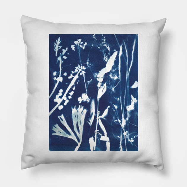 Wildflowers cyanotype sunprint Pillow by kittyvdheuvel