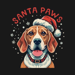 Cute beagle dog with Christmas hat, Santa Paws text T-Shirt