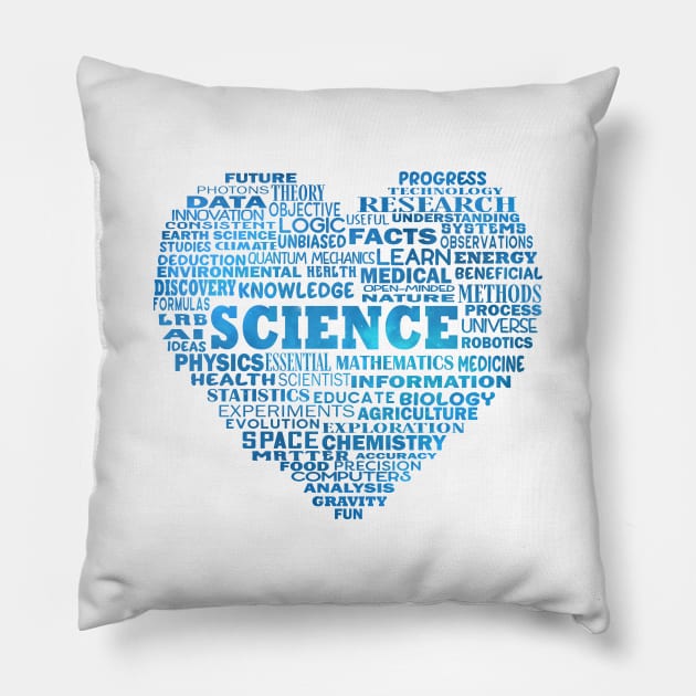 Science Heart Word Cloud in Space Blue Pillow by Jitterfly