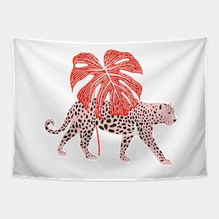 Leopard with monstera leaf Tapestry