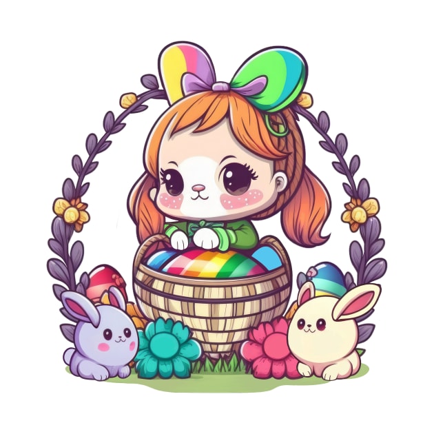 Cute Easter Bunny Girl In Basket. Spring Rainbow Flowers and Easter Eggs by ElenaDro