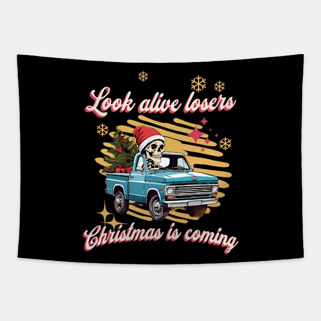 Funny Christmas Skeleton Wearing Santa Hat, Pickup Truck with Tree Tapestry by TheCloakedOak