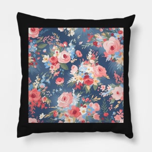 Shabby Chic Floral Flowers, Pretty Feminine Pattern on Blue Background Pillow