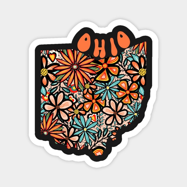 Ohio State Design | Artist Designed Illustration Featuring Ohio State Outline Filled With Retro Flowers with Retro Hand-Lettering Magnet by MarcyBrennanArt